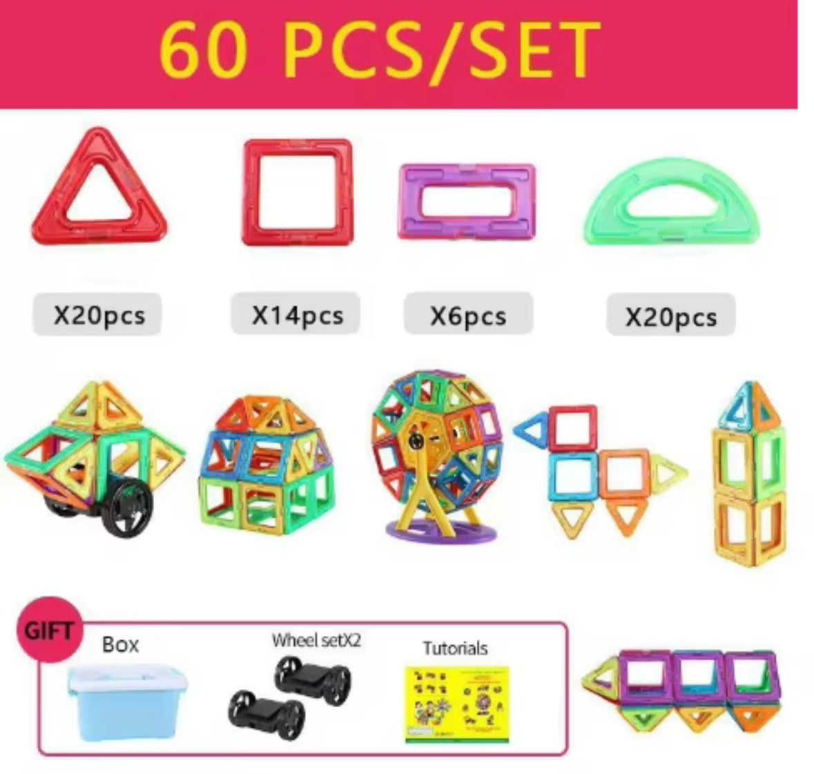 Creative Skill development 60 piece Magnet Tiles Building set (mini)